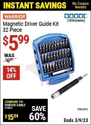 Buy the WARRIOR Magnetic Driver Guide Kit 32 Pc. (Item 68515) for $5.99, valid through 3/9/2023.