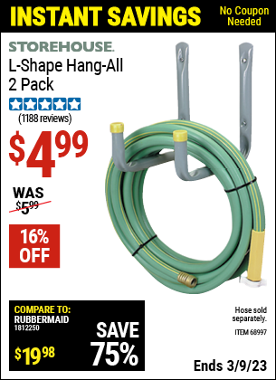 Buy the STOREHOUSE L-Shape Hang-All 2 Pk. (Item 68997) for $4.99, valid through 3/9/2023.