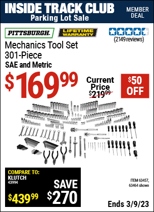 Coupons for PITTSBURGH Mechanic’s Tool Set 301 Pc. for $169.99