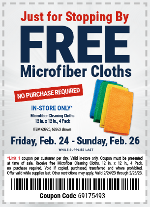 Buy the GRANT'S Microfiber Cleaning Cloth 12 in. x 12 in. 4 Pk. (Item 63363/63925) for $0, valid through 2/26/2023.