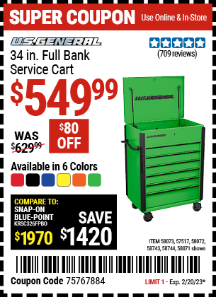 Buy the U.S. GENERAL 34 in. Full Bank Service Cart (Item 57517/58071/58072/58073/58743/58744) for $549.99, valid through 2/20/2023.
