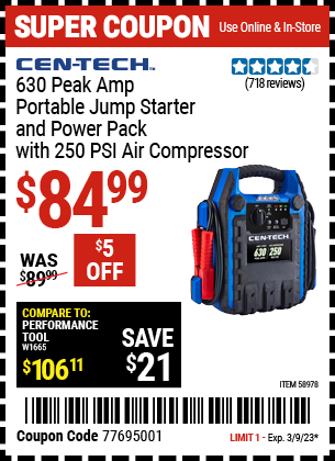 Buy the CEN-TECH 630 Peak Amp Portable Jump Starter and Power Pack with 250 PSI Air Compressor (Item 58978) for $84.99, valid through 3/9/2023.