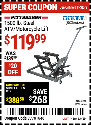 Buy the PITTSBURGH AUTOMOTIVE 1500 lb. Capacity ATV/Motorcycle Lift (Item 60536/61632) for $119.99, valid through 3/9/2023.