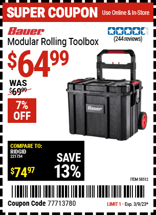 Buy the BAUER Modular Rolling Tool Box (Item 58512) for $64.99, valid through 3/9/2023.