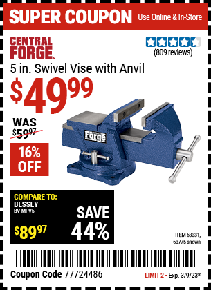 Buy the CENTRAL FORGE 5 in. Swivel Vise with Anvil (Item 63775/63331) for $49.99, valid through 3/9/2023.