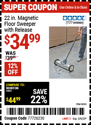 Buy the 22 In. Magnetic Floor Sweeper with Release (Item 98399) for $34.99, valid through 3/9/2023.