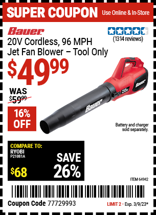 BAUER 20V Cordless Jet Fan Blower for $44.99 – Harbor Freight Coupons