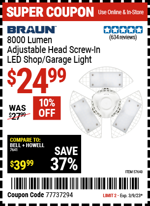 Buy the BRAUN 8000 Lumen Adjustable Head Screw-In Shop Light (Item 57640) for $24.99, valid through 3/9/2023.