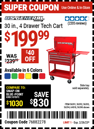 U.s. General 30 In. 4 Drawer Tech Cart For $199.99 – Harbor Freight Coupons