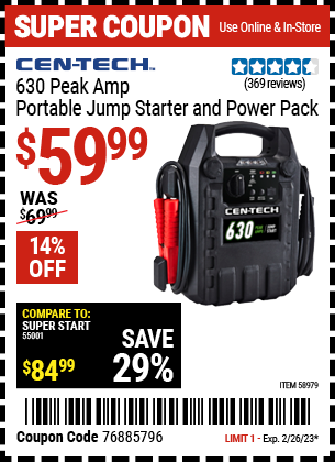 Buy the CEN-TECH 630 Peak Amp Portable Jump Starter and Power Pack (Item 58979) for $59.99, valid through 2/26/2023.