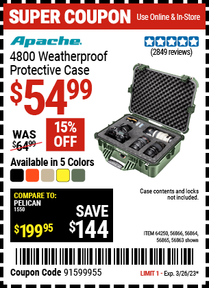 Buy the APACHE 4800 Weatherproof Protective Case (Item 56863/56864/56865/56866/64250) for $54.99, valid through 3/26/2023.