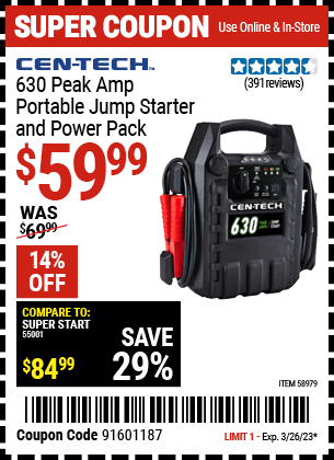 Buy the CEN-TECH 630 Peak Amp Portable Jump Starter and Power Pack (Item 58979) for $59.99, valid through 3/26/2023.