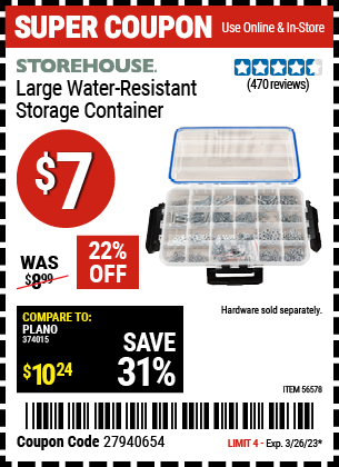 Buy the STOREHOUSE Large Organizer IP55 Rated (Item 56578) for $7, valid through 3/26/2023.