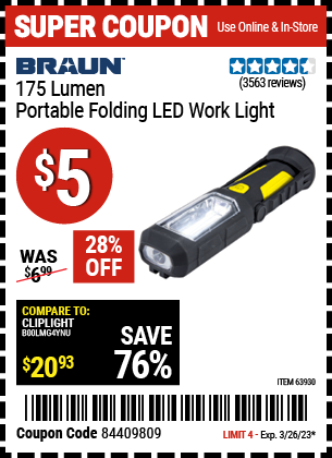 Buy the BRAUN Portable Folding LED Work Light (Item 63930) for $5, valid through 3/26/2023.