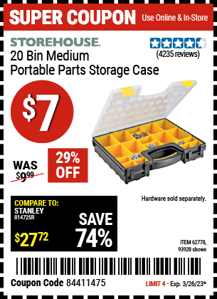 Buy the STOREHOUSE 20 Bin Medium Portable Parts Storage Case (Item 93928/62778) for $7, valid through 3/26/2023.