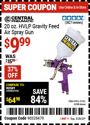 Buy the CENTRAL PNEUMATIC 20 oz. HVLP Gravity Feed Air Spray Gun (Item 62300/47016/67181) for $9.99, valid through 3/26/2023.