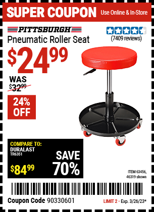 Buy the PITTSBURGH AUTOMOTIVE Pneumatic Roller Seat (Item 46319/63456) for $24.99, valid through 3/26/2023.