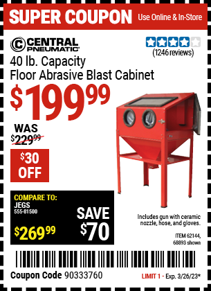 Buy the CENTRAL PNEUMATIC 40 Lb. Capacity Floor Blast Cabinet (Item 68893/62144) for $199.99, valid through 3/26/2023.