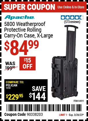 Buy the APACHE 5800 Weatherproof Protective Rolling Carry-On Case (X-Large) (Item 64819) for $84.99, valid through 3/26/2023.
