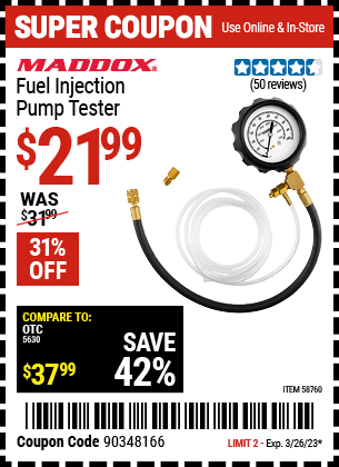 Buy the MADDOX Fuel Injection Pump Tester (Item 58760) for $21.99, valid through 3/26/2023.