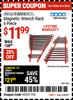Buy the U.S. GENERAL Magnetic Wrench Rack 4 Pc. (Item 70023) for $11.99, valid through 3/26/2023.