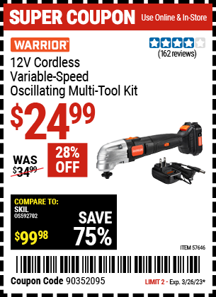 Buy the WARRIOR 12v Cordless Variable Speed Oscillating Multi-Tool Kit (Item 57646) for $24.99, valid through 3/26/2023.