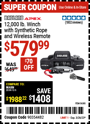 Buy the BADLAND APEX Synthetic 12000 Lb. Wireless Winch (Item 56385) for $579.99, valid through 3/26/2023.