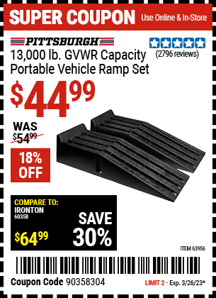 Buy the PITTSBURGH AUTOMOTIVE 13000 Lb. Portable Vehicle Ramp Set (Item 63956) for $44.99, valid through 3/26/2023.