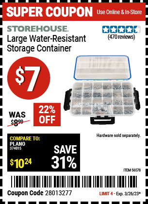 Buy the STOREHOUSE Large Organizer IP55 Rated, valid through 3/26/23.
