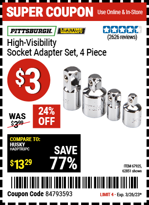 Buy the PITTSBURGH High Visibility Socket Adapter Set 4 Pc., valid through 3/26/23.