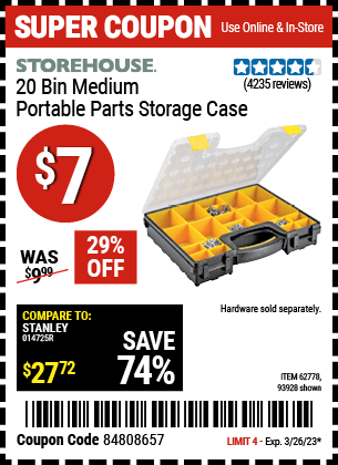 Buy the STOREHOUSE 20 Bin Medium Portable Parts Storage Case, valid through 3/26/23.