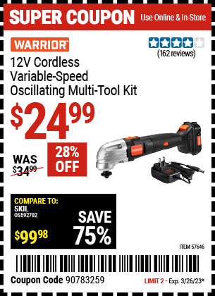 Buy the WARRIOR 12v Cordless Variable Speed Oscillating Multi-Tool Kit, valid through 3/26/23.
