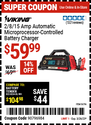 Buy the VIKING 2/8/15 Amp Automatic Microprocessor Controlled Battery Charger, valid through 3/26/23.