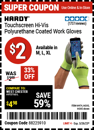 Buy the HARDY Touchscreen Hi-Vis Polyurethane Coated Work Gloves Large, valid through 3/26/23.