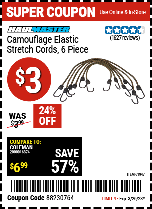 Buy the HAUL-MASTER Camouflage Elastic Stretch Cords 6 Pc., valid through 3/26/23.