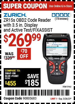 Buy the ZURICH ZR15S OBD2 Code Reader with 3.5 In. Display and Active Test/FixAssist, valid through 3/26/23.