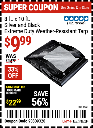 Buy the HFT 8 Ft. X 10 Ft. Silver & Black Extreme Duty Weather Resistant Tarp, valid through 3/26/23.