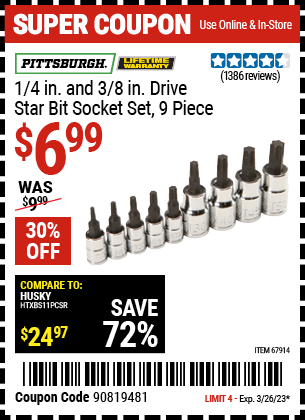 Buy the PITTSBURGH 1/4 in. and 3/8 in. Drive Star Bit Socket Set 9 Pc., valid through 3/26/23.