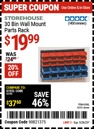 Buy the STOREHOUSE 30 Bin Wall Mount Parts Rack, valid through 3/26/23.
