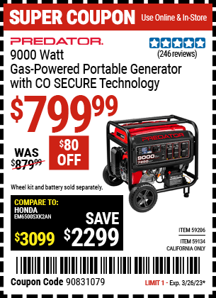 Buy the PREDATOR 9000 Watt Gas Powered Portable Generator with CO SECURE Technology, valid through 3/26/23.