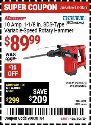 Buy the BAUER 1-1/8 in. SDS Variable Speed Pro Rotary Hammer Kit, valid through 3/26/23.