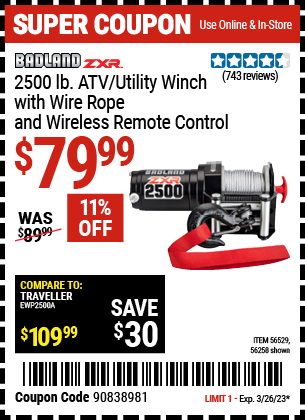 Buy the BADLAND 2500 Lb. ATV/Utility Electric Winch With Wireless Remote Control, valid through 3/26/23.