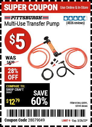 Buy the PITTSBURGH AUTOMOTIVE Multi-Use Transfer Pump, valid through 3/26/23.