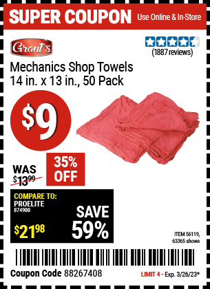 Buy the GRANT'S Mechanic's Shop Towels 14 in. x 13 in. 50 Pk., valid through 3/26/23.