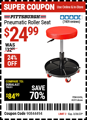 Buy the PITTSBURGH AUTOMOTIVE Pneumatic Roller Seat, valid through 3/26/23.