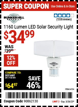 Buy the BUNKER HILL SECURITY 1160 Lumen LED Solar Security Light, valid through 3/26/23.