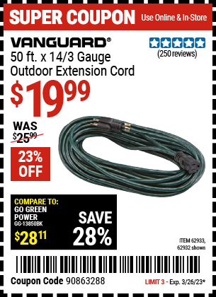 Buy the VANGUARD 50 ft. x 14 Gauge Green Outdoor Extension Cord, valid through 3/26/23.