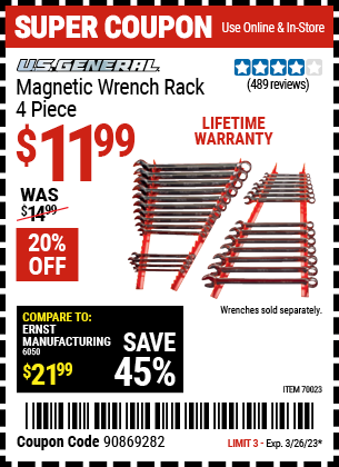 Buy the U.S. GENERAL Magnetic Wrench Rack 4 Pc., valid through 3/26/23.