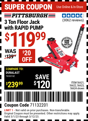 Buy the PITTSBURGH AUTOMOTIVE 3 Ton Steel Heavy Duty Floor Jack With Rapid Pump (Item 56624/56621/56622/56623) for $119.99, valid through 3/12/2023.