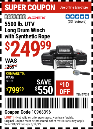 Buy the BADLAND APEX 5500 lb. UTV Long Drum Winch with Synthetic Rope (Item 57535) for $249.99, valid through 3/19/2023.